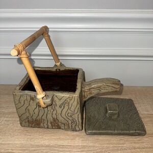 Stoneware Abstract Tea Pot Green Bamboo‎ Handle Rare Unique Handmade